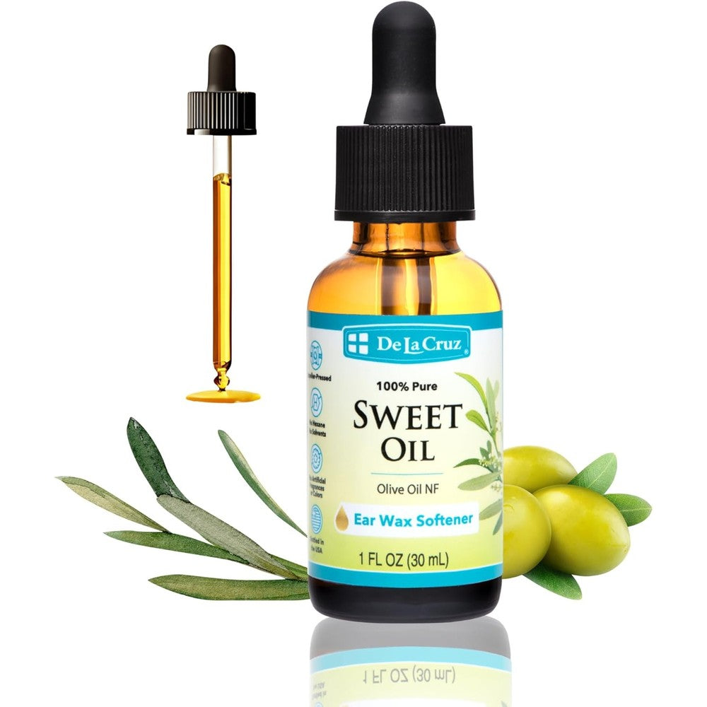 De La Cruz 100% Pure Sweet Oil front view for natural ear wax softening.