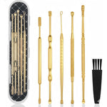 Hion 6 Piece Extended Ear Wax Removal Kit front view gold stainless steel tools.