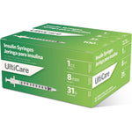UltiCare U-100 Insulin Syringes 100 count box front view for diabetic care.