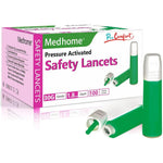 Medhome Pressure Activated Safety Lancets front view of the package showcasing the 30G ultra-thin needle specifications for blood testing.