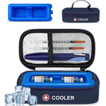 Icimbi insulin vial cooler travel case front view showing navy blue insulated exterior fabric