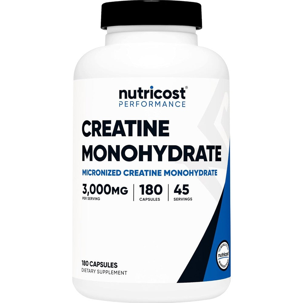 Nutricost Micronized Creatine Monohydrate 3,000mg 180 capsules front view bottle for muscle building support