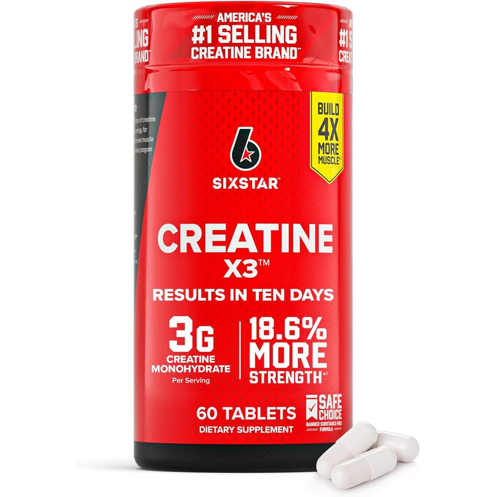 Six Star Creatine X3 60 Caplets front view bottle