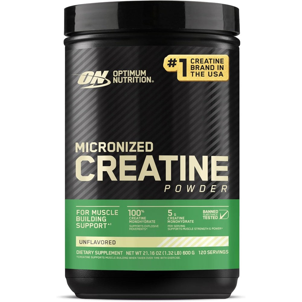 Optimum Nutrition Micronized Creatine Monohydrate Powder Unflavored 600 Grams Front View Authentic USA Import