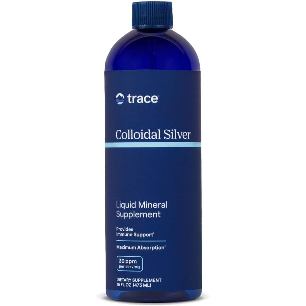 Dark blue bottle of Trace Minerals pure colloidal silver liquid supplement