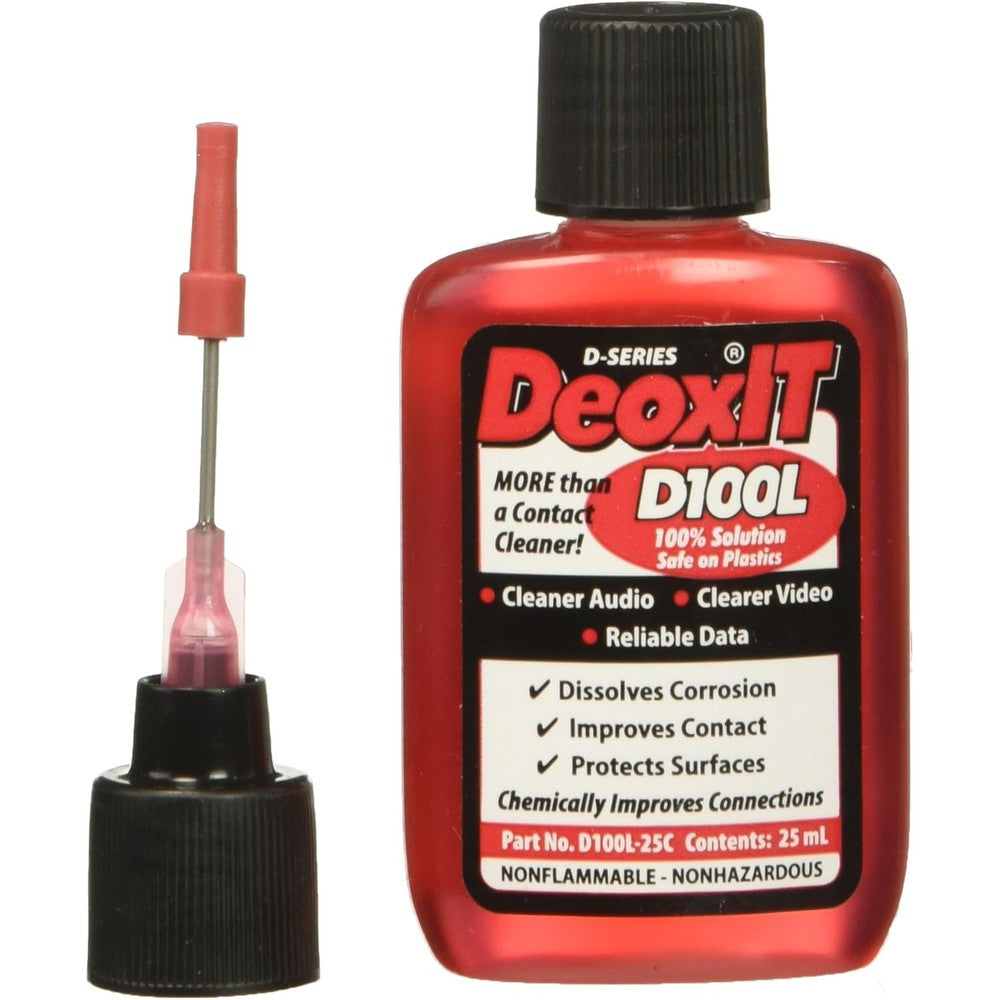 CAIG Laboratories Deoxit D100L-25C precision needle applicator bottle front view electronic contact cleaner.