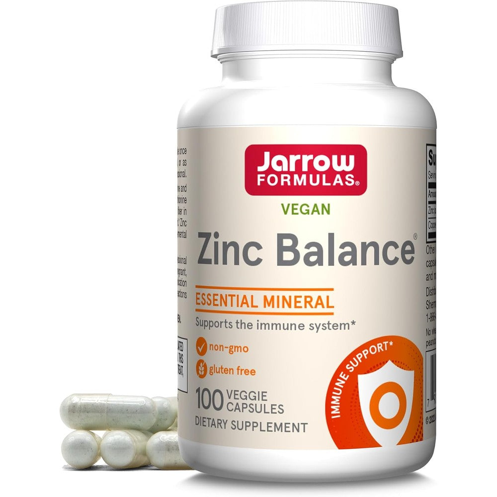 Jarrow Formulas Zinc Balance front label view of the 100 vegetarian capsules bottle for immune support.