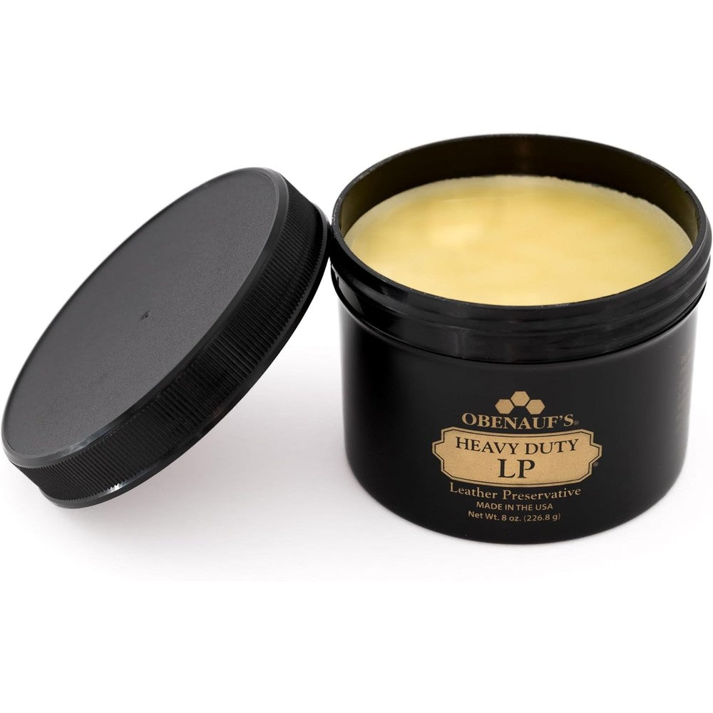 Obenauf's Heavy Duty LP Leather Conditioner 8 Ounce jar front view showing the premium beeswax formula packaging