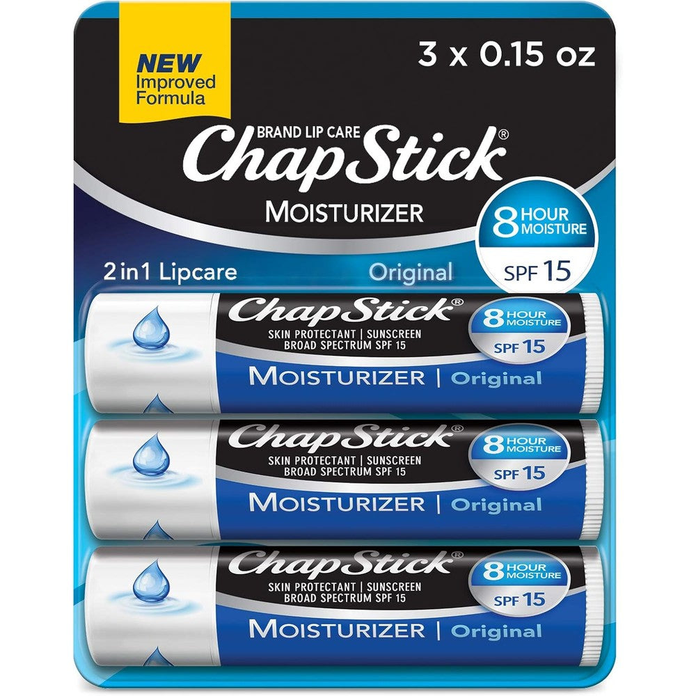 ChapStick Moisturizer Original Lip Balm three pack front view showing skin protectant tubes