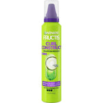 Garnier Fructis Style Curl Construct Creation Mousse front view showcasing bright green bottle with purple cap for curly hair styling.