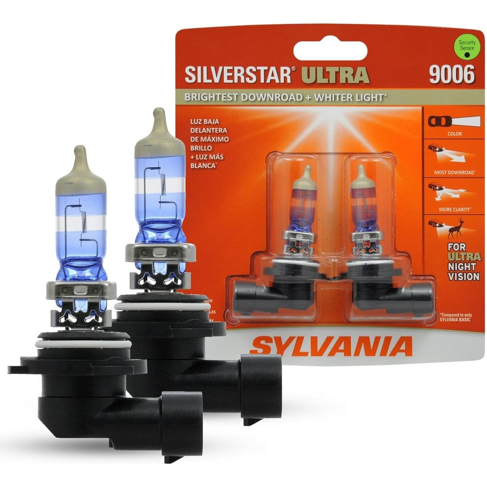 Sylvania 9006 SilverStar Ultra halogen headlight bulbs front packaging view showcasing high performance automotive lighting.