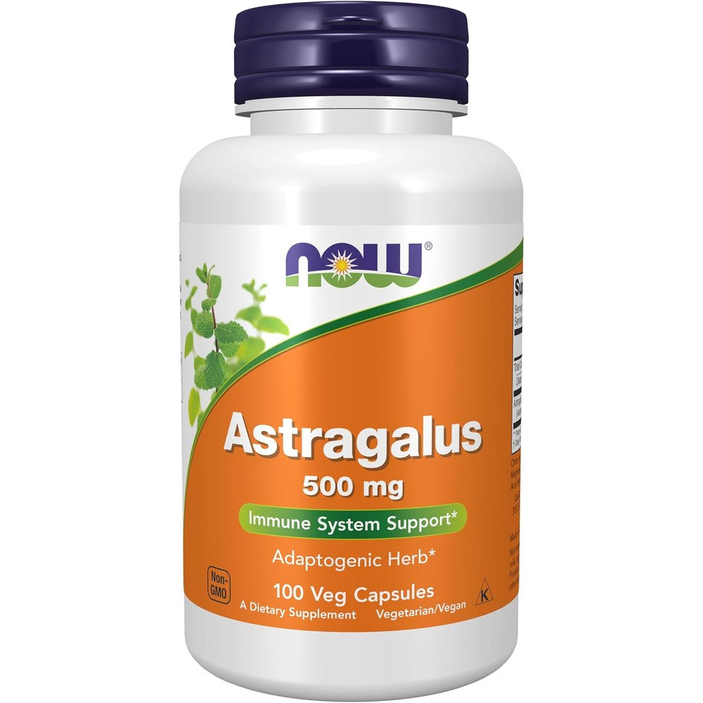 Now Foods Astragalus 500 milligram 100 vegetarian capsules bottle front view showing immune support labeling