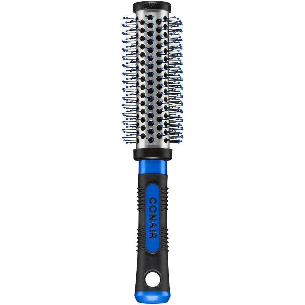 Conair Salon Results metal round hairbrush front view showing the small barrel and nylon bristles.