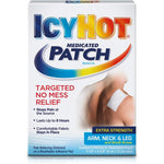 Icy Hot Medicated Patch Extra Strength front packaging showing fifteen pain patches for arm neck and leg relief.