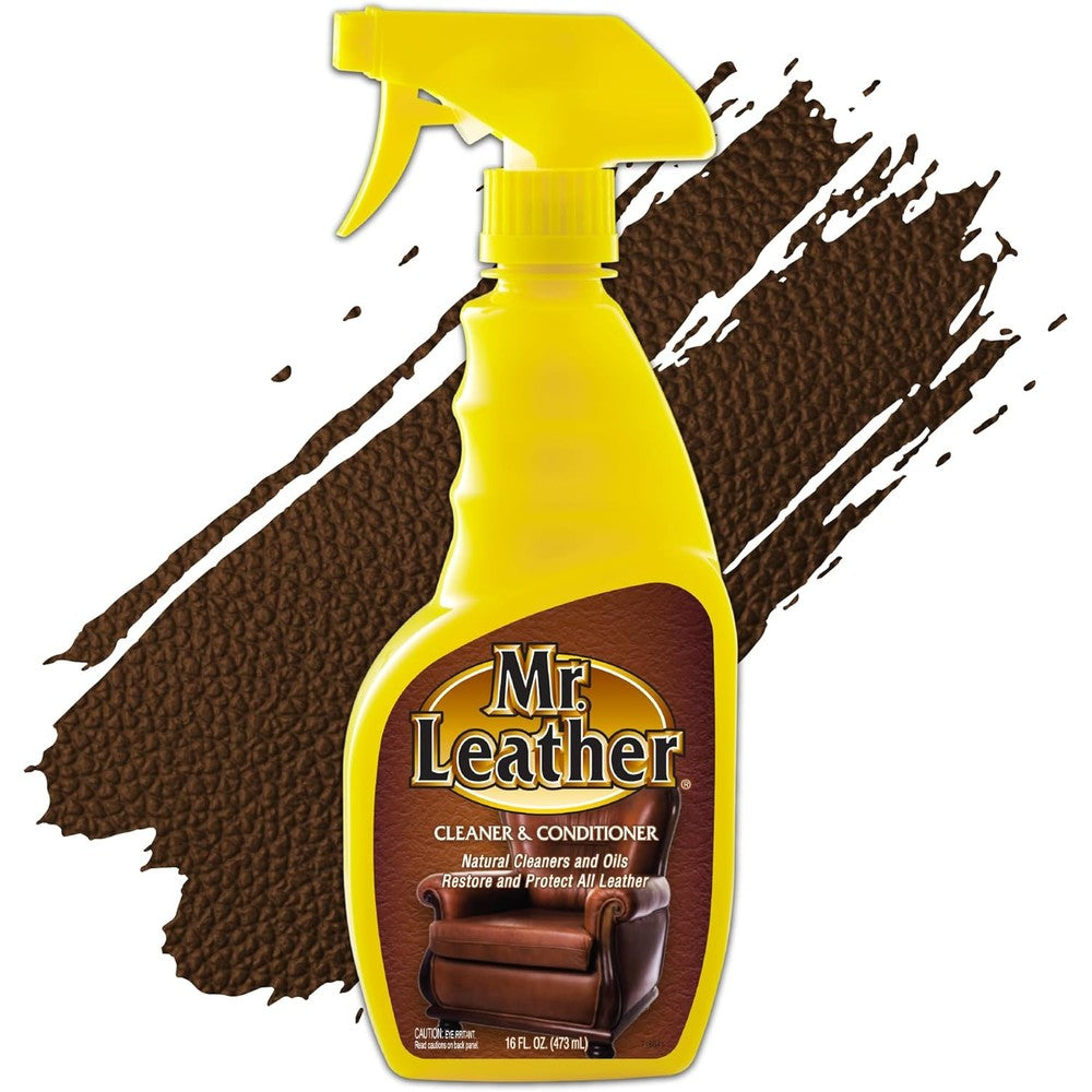 Mr. Leather Cleaner and Conditioner 16 ounce bottle front view for premium leather care.