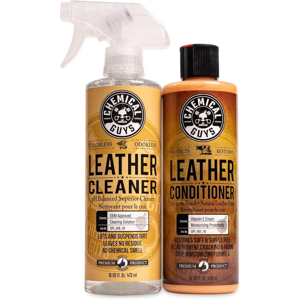 Chemical Guys Leather Cleaner and Conditioner Kit front view showing two sixteen ounce bottles for premium car interior detailing.