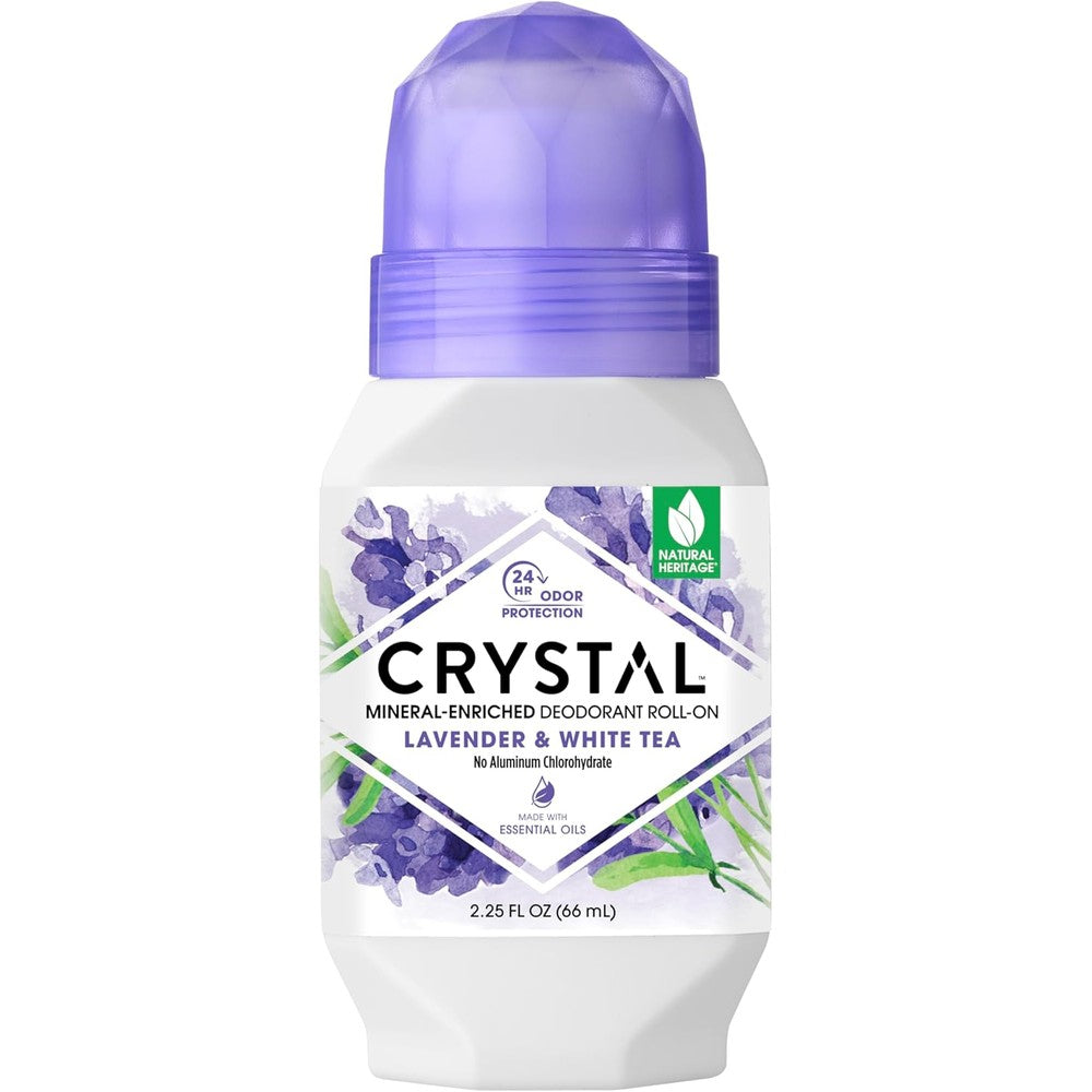 Crystal Essence mineral deodorant roll on lavender and white tea front view authentic US import