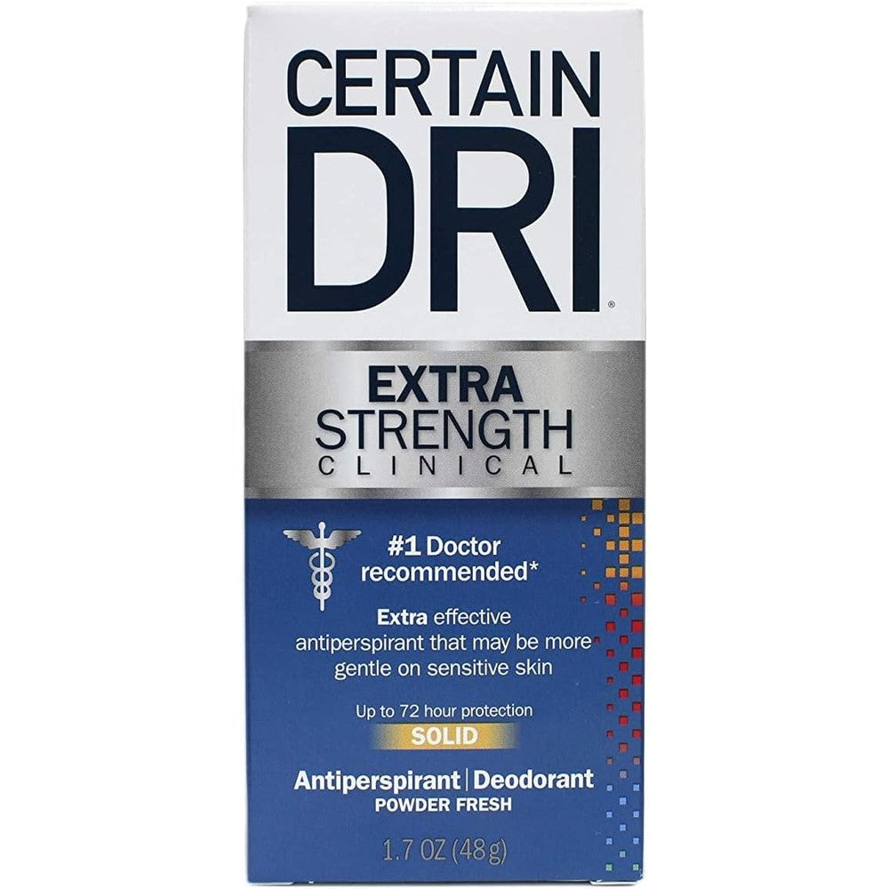 Certain Dri Extra Strength Clinical Antiperspirant Solid Stick front view for hyperhidrosis relief