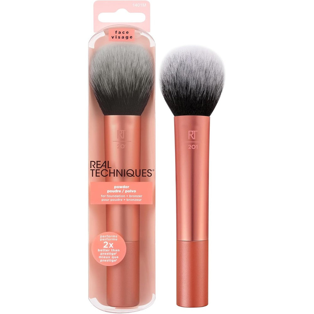 Real Techniques Ultra Plush Powder Makeup Brush front view showcasing the large fluffy pink handle tool