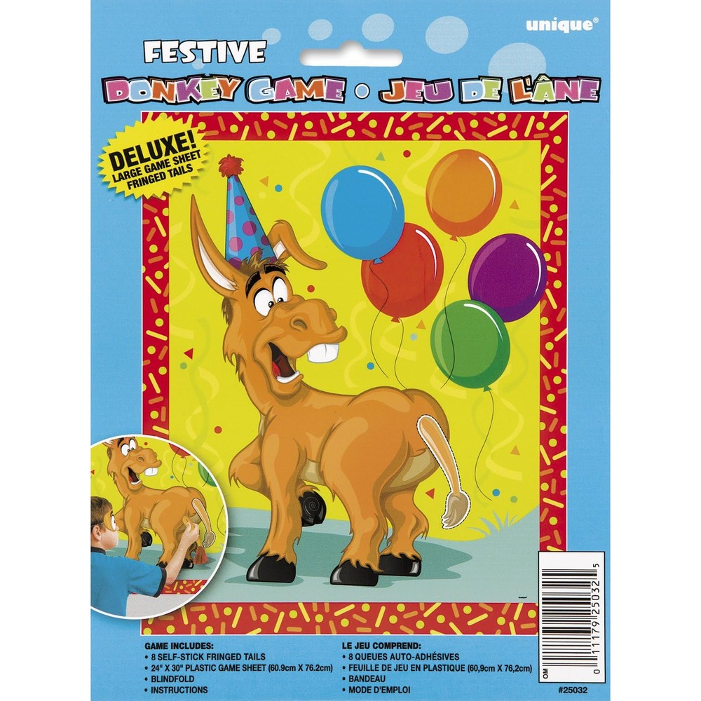 Unique Festive Fun Deluxe Pin the Tail on the Donkey game set with plastic poster and tails.