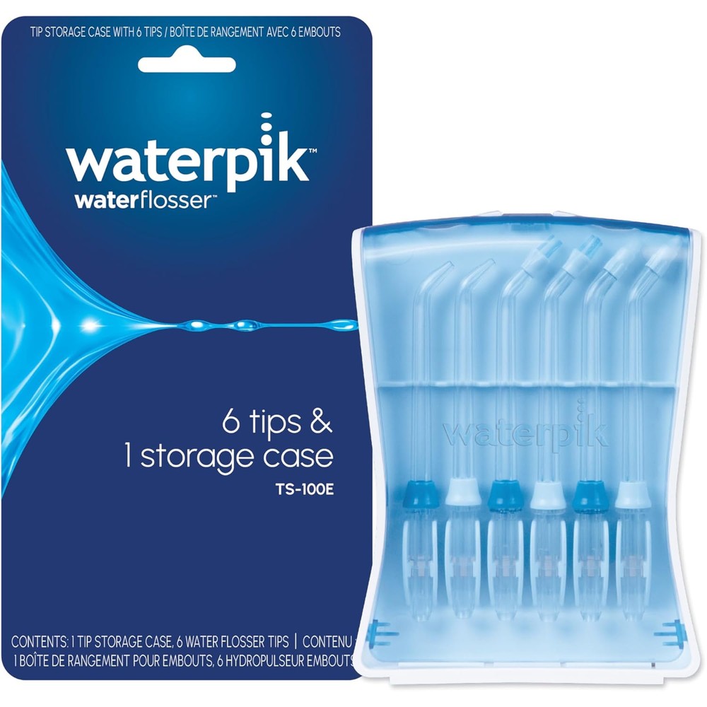 Waterpik water flosser replacement tips kit front view showing six nozzles inside open storage case
