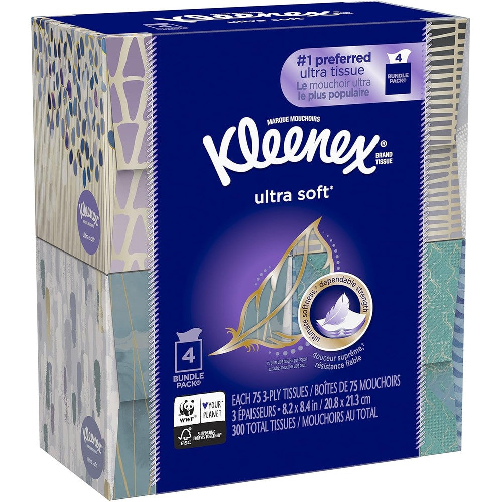 Kleenex Ultra Soft Facial Tissue pack of 4 boxes front view premium 3-ply.