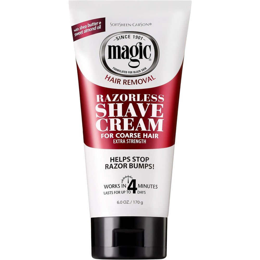 SoftSheen-Carson Magic Razorless Shaving Cream front view showing extra strength depilatory formula packaging.