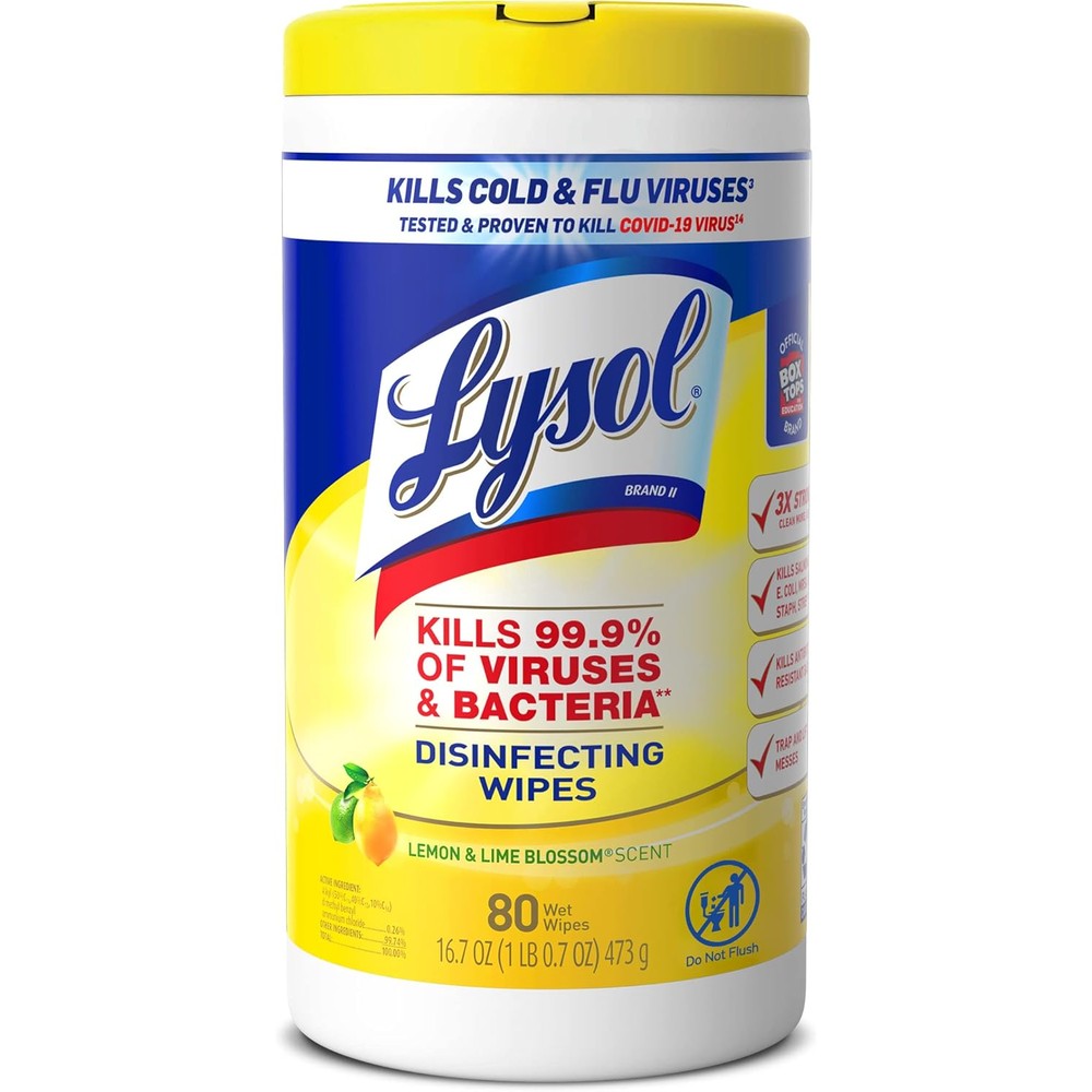 Lysol Disinfecting Wipes Lemon and Lime Blossom 80 count canister front view for home sanitization.