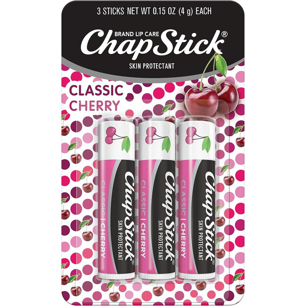 ChapStick Classic Cherry Lip Balm three pack front view packaging