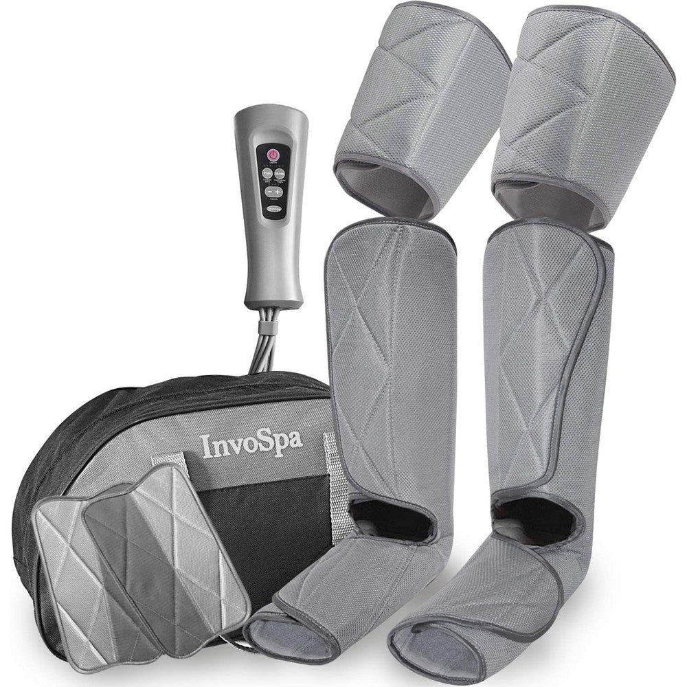 InvoSpa Leg Massager grey compression wraps laid out in a full front view showing the triple section design.