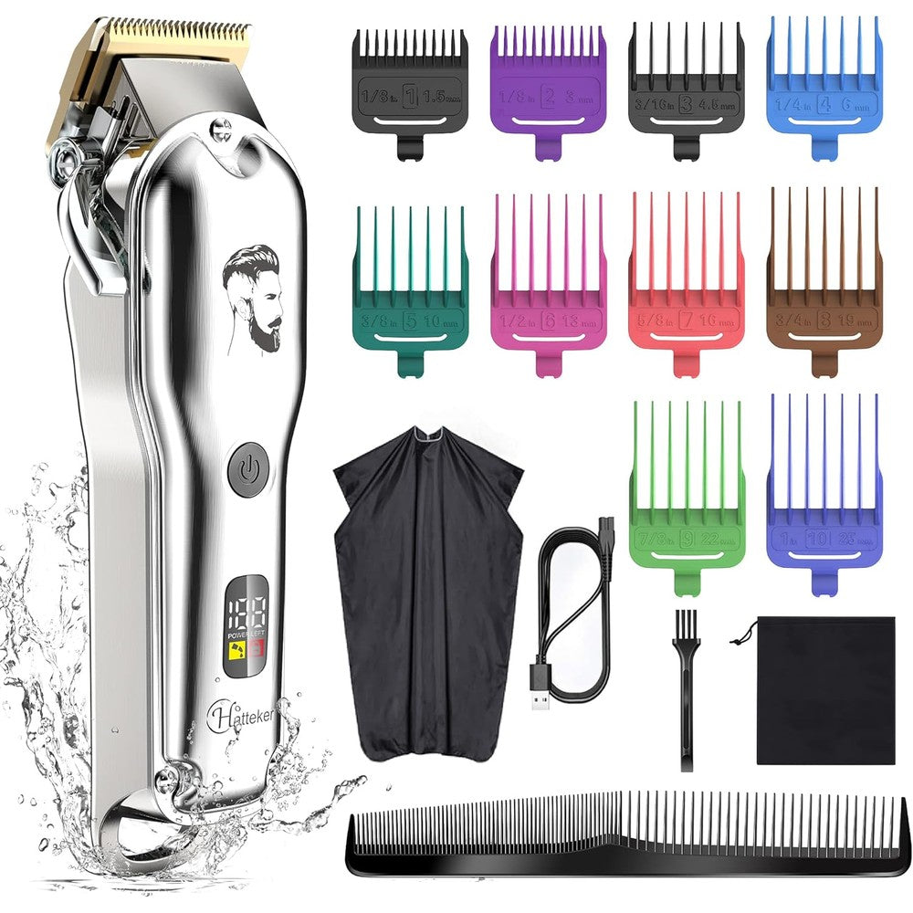 Hatteker Mens Professional Hair Clipper and Beard Trimmer front view in silver finish