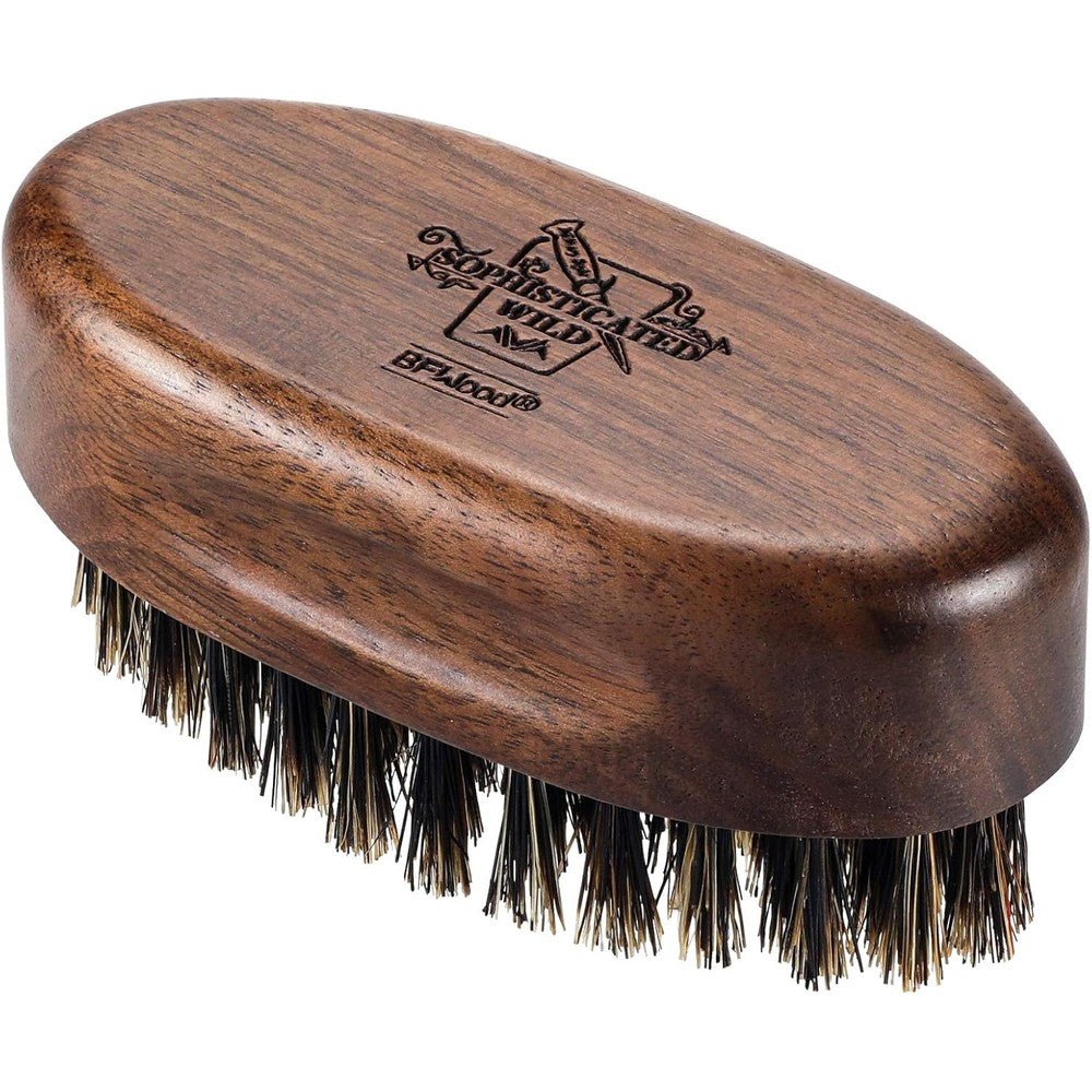 BFWood Small Travel Beard Brush front view showing natural boar bristles and walnut wood handle