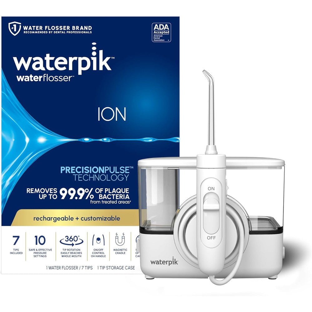Waterpik ION Professional Cordless Water Flosser in white front view for oral hygiene.