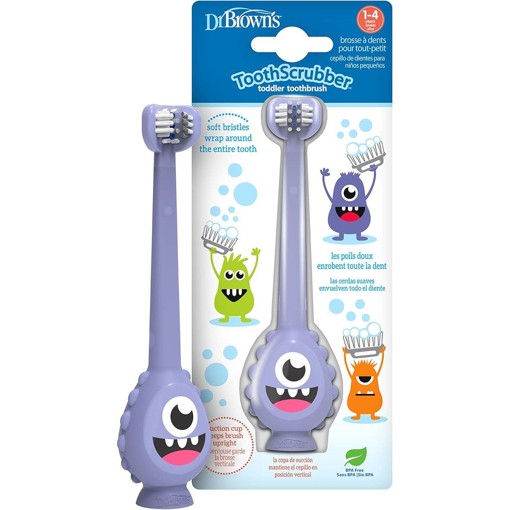 Dr. Brown's purple monster toddler toothbrush front view with three-sided head