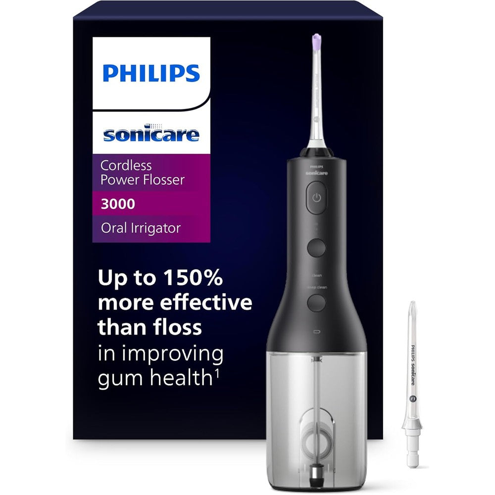 Philips Sonicare Cordless Power Flosser 3000 front view in black for professional oral irrigation.