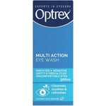 Optrex Multi Action Eye Wash 300ml bottle front view with eye bath.