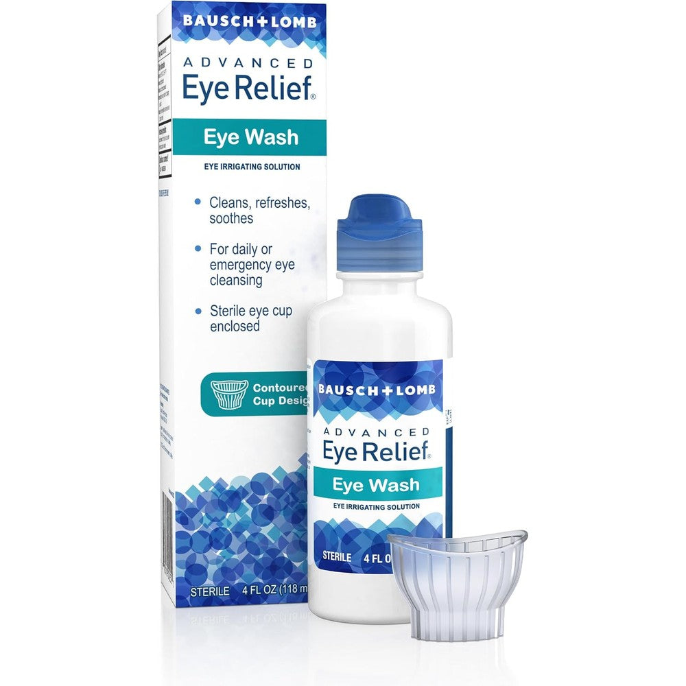 Bausch + Lomb Advanced Eye Relief Eye Wash front packaging showing sterile eye cup inclusion.