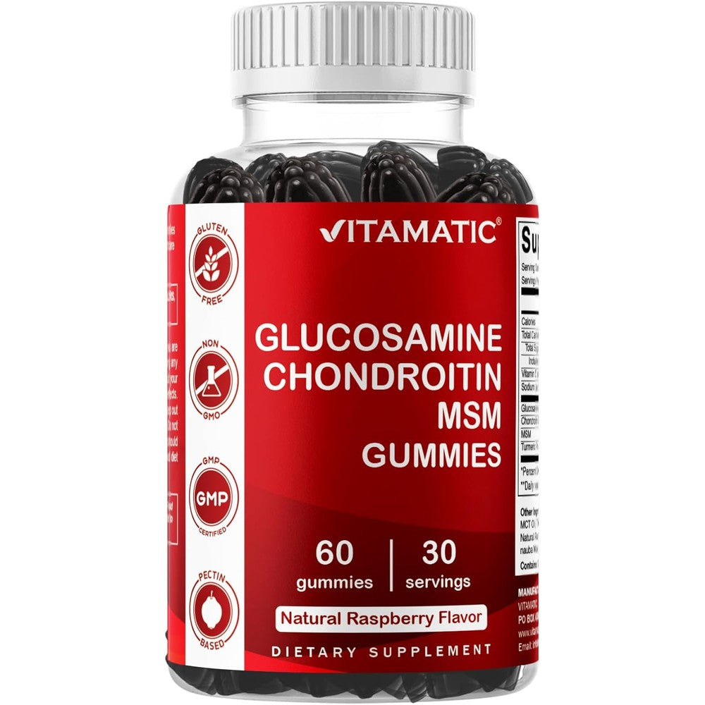 Vitamatic Glucosamine Chondroitin Gummies With Msm And Vitamin E For Joint Support, 60 Pectin Based Vegan Gummies, Natural Raspberry Flavor