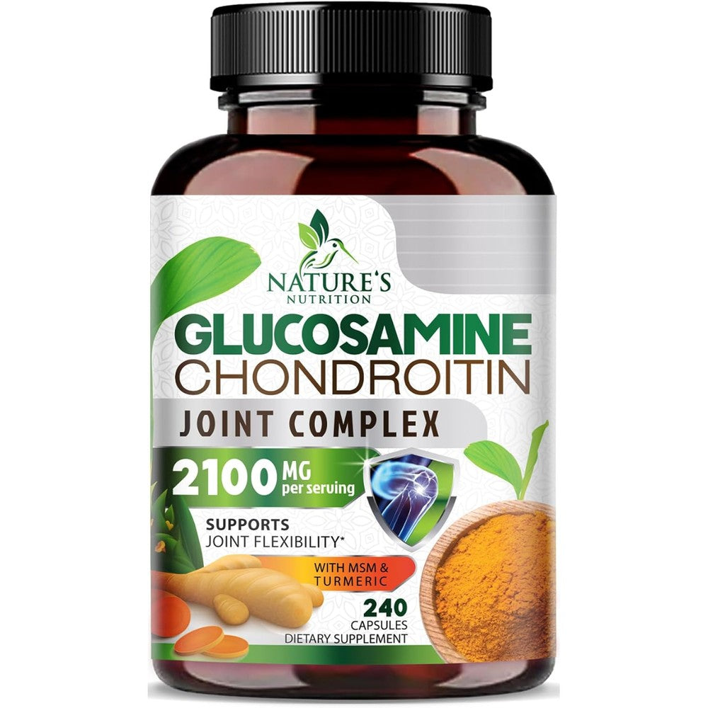 Nature's Nutrition Glucosamine Chondroitin MSM 2100mg Triple Strength Joint Support Supplement With Turmeric And Boswellia 240 Capsules