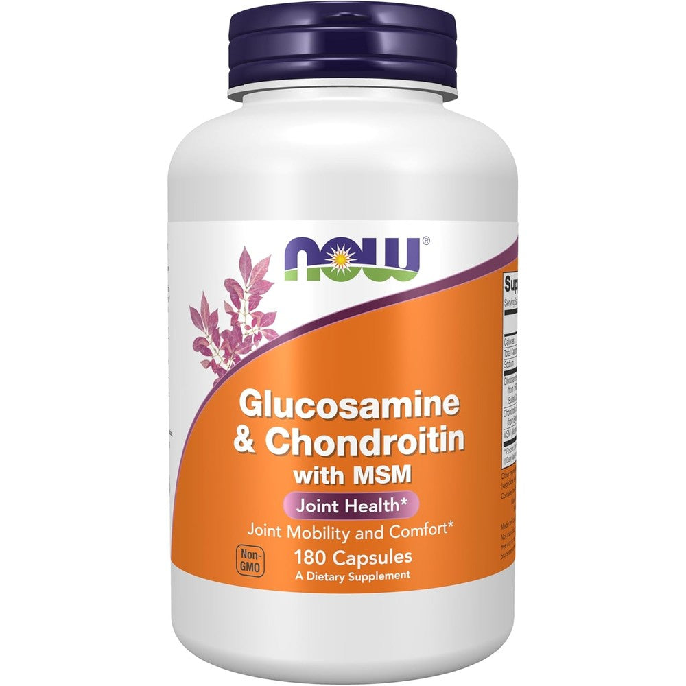 NOW Foods Glucosamine and Chondroitin with MSM 180 capsules front view showing joint health supplement packaging