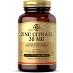 Solgar Zinc Citrate 30mg 100 Vegetable Capsules front bottle view for immune system health support