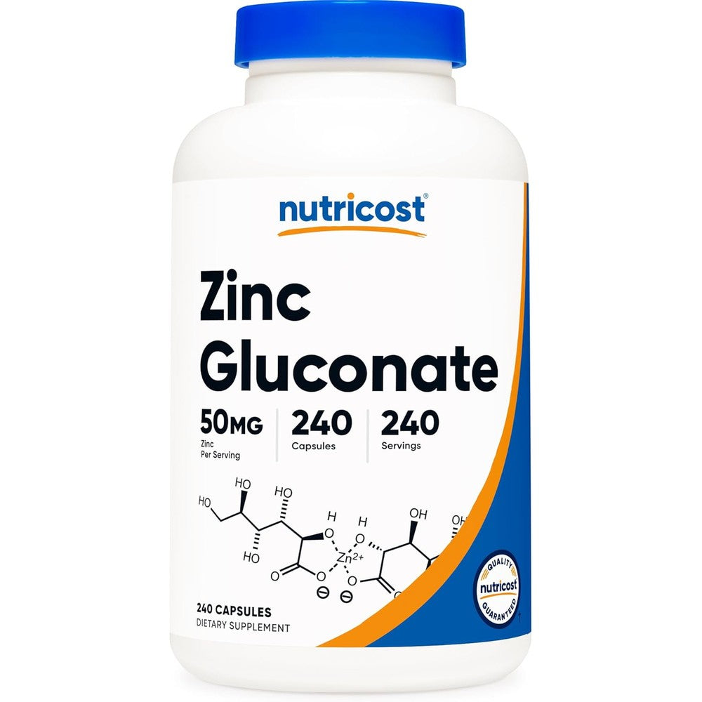 Nutricost Zinc Gluconate fifty milligrams front view showing capsule bottle for immune support.