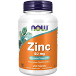 NOW Foods Zinc Gluconate 50mg 250 Tablets front label view showing immune support benefit.