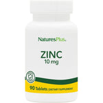 NaturesPlus Zinc 10mg 90 Vegetarian Tablets front packaging showing immune system support benefits.