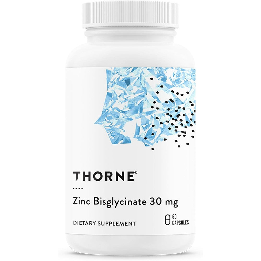 Thorne Zinc Bisglycinate 30mg front view showing premium authentic bottle packaging for immune support