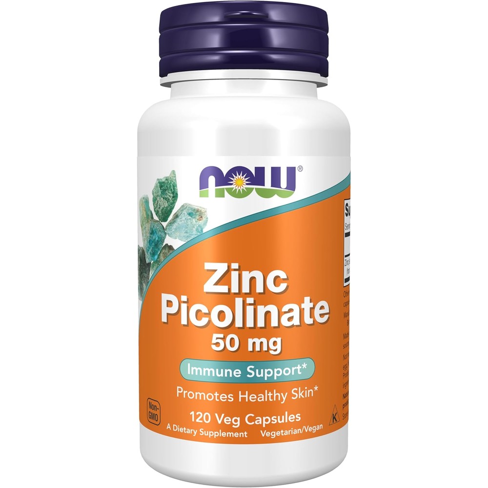 NOW Foods Zinc Picolinate 50 mg 120 vegetable capsules front bottle view for immune support