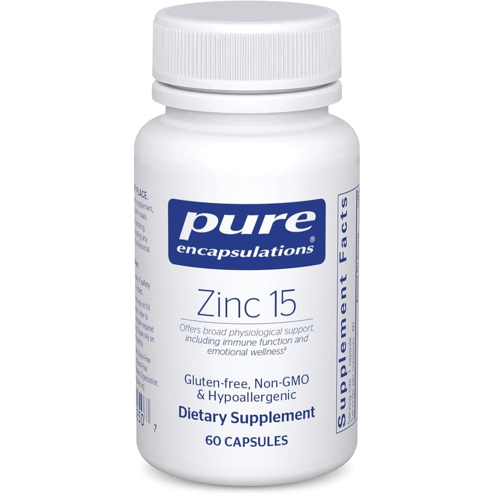 Pure Encapsulations Zinc 15mg 60 vegetarian capsules front view bottle for immune support