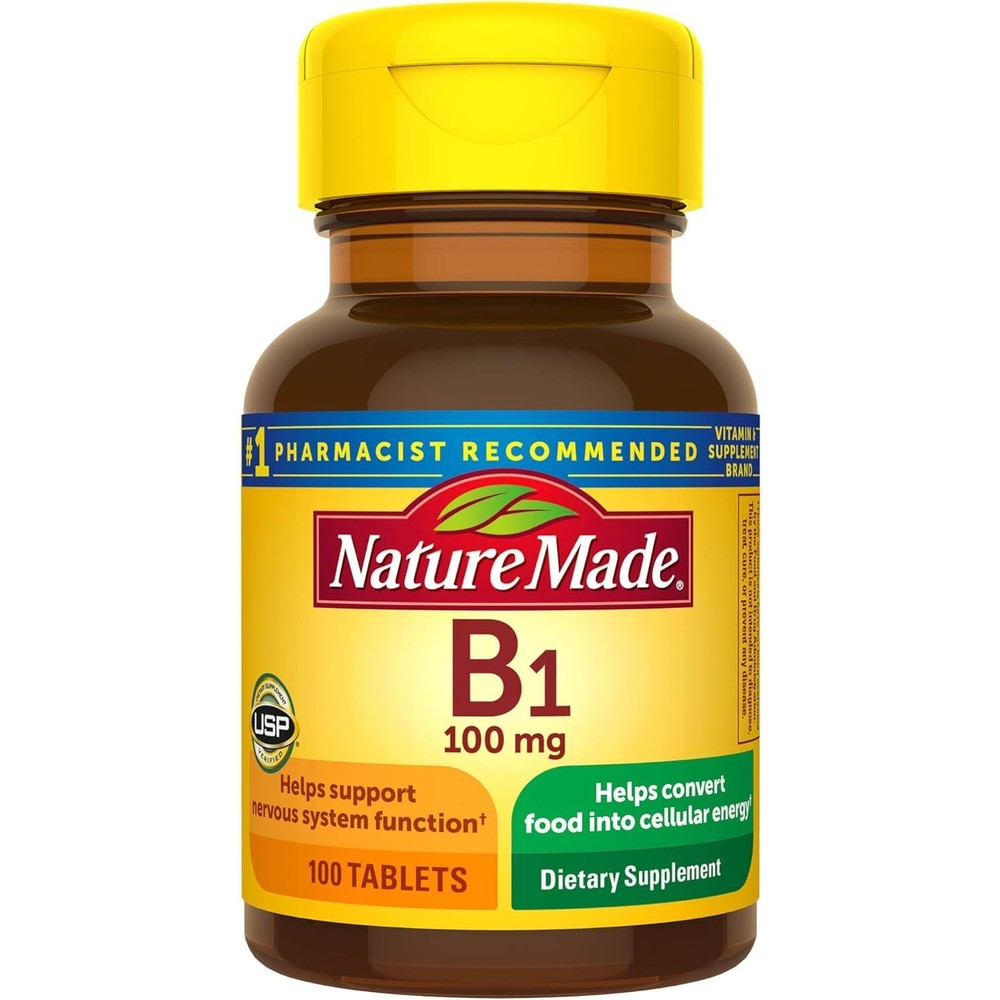 Nature Made Vitamin B1 100 Milligrams 100 Tablets front bottle view dietary supplement