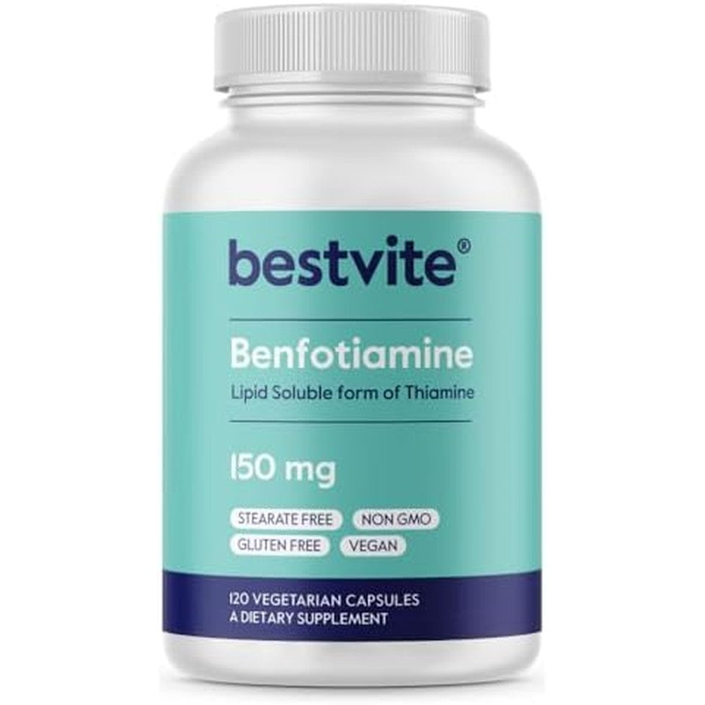 BESTVITE Benfotiamine 150mg bottle front view showing clean vegetarian capsules