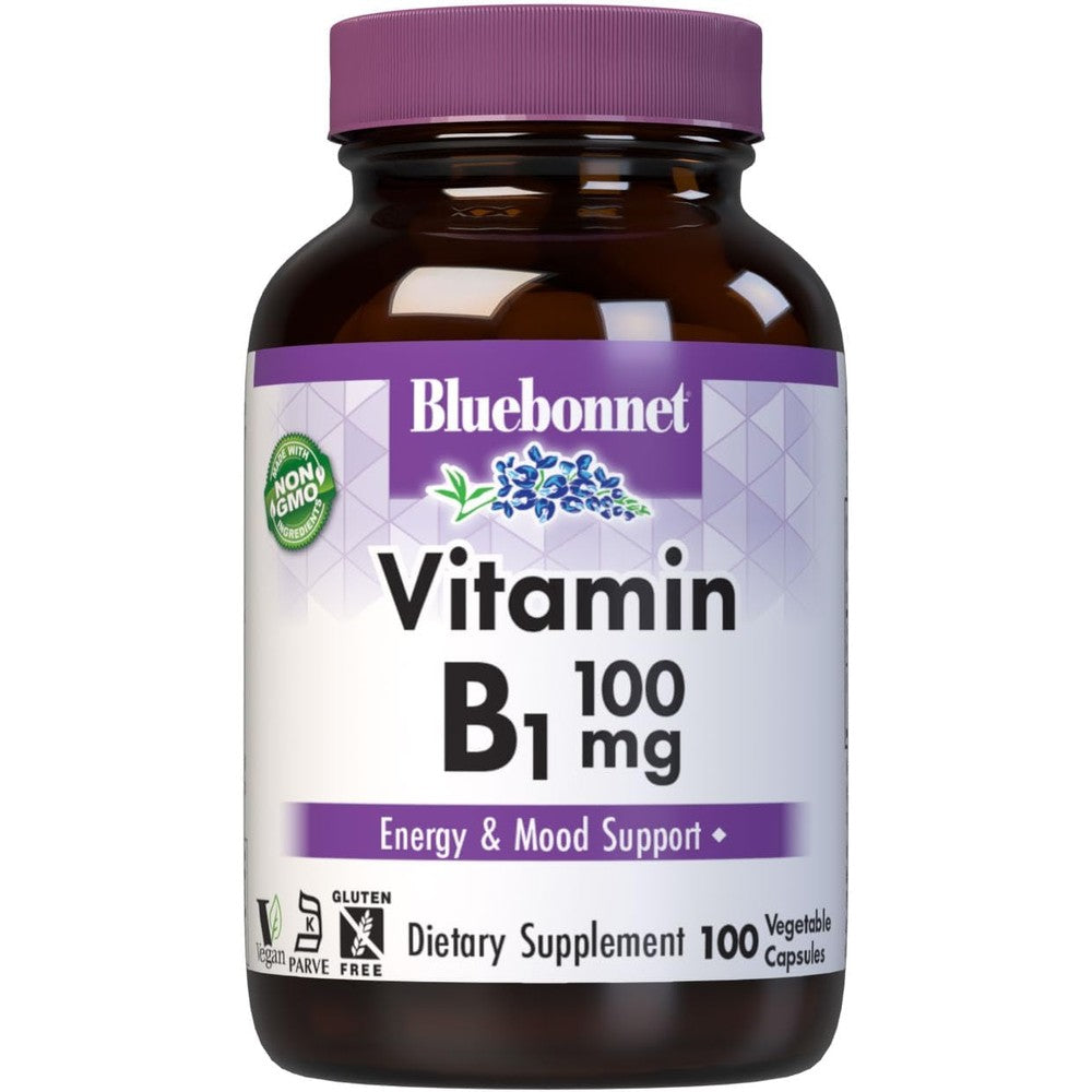Bluebonnet Vitamin B1 100 mg front view bottle of authentic imported supplement for energy support